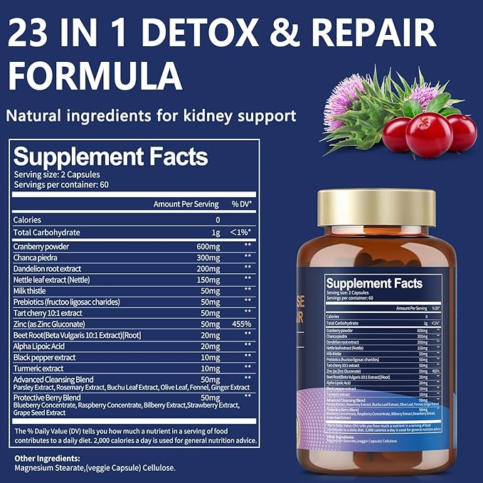 (2 P) Kidney & Liver Cleanse Detox & Repair Capsules, Chanca Piedra & Cranberry Pills for Liver & Kidney Support Supplement Extra Strength for Stones Dissolver, Urinary Tract Health for Woman