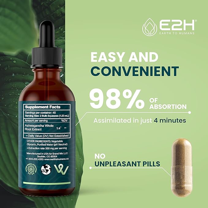 E2H Ashwagandha Liquid Drops - All-Natural Ashwagandha Supplement for Stress Relief and Mood Enhancer- Organic Ashwagandha Root Extract Effective Cortisol Manager | Non-GMO, Vegan | 2 Fl Oz