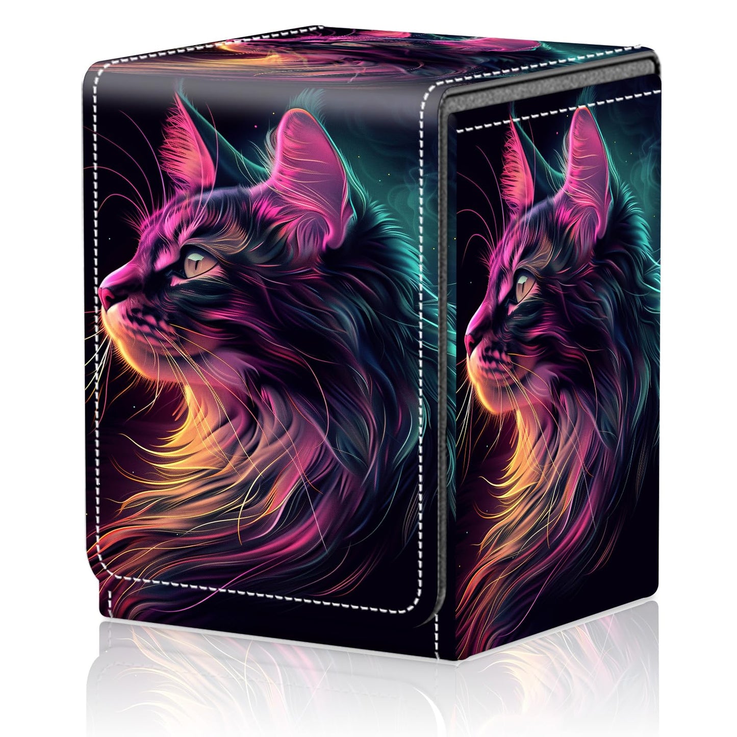 Card Deck Box for MTG Trading Cards, Magic Card Box Can Hold 110+ Single Sleeved Cards, Waterproof PU Leather Material, Strong Magnetic Buckle Card Set Box Suitable for TCG CCG, Neon Colored Cat