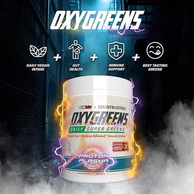 EHP Labs x Ghostbusters OxyGreens Super Greens Powder - Spirulina & Chlorella Superfood, Green Juice Powder with Prebiotic Fibre, Antioxidants & Immunity Support, 30 Serves (Proton Plasma)