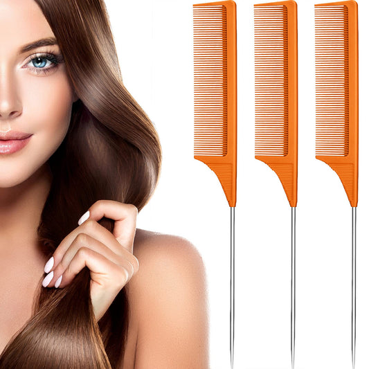 3 Packs Rat Tail Comb Steel Pin Rat Tail Carbon Fiber Heat Resistant Teasing Combs with Stainless Steel Pintail (Orange)