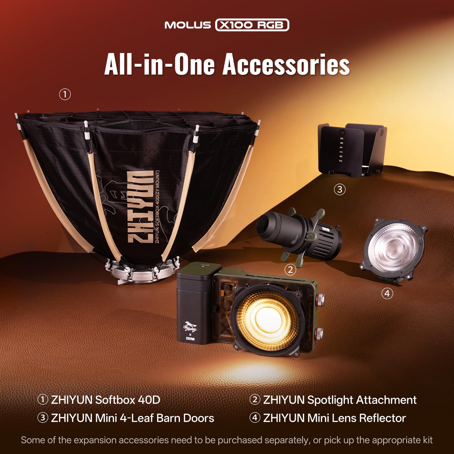 ZHIYUN MOLUS X100 RGB PRO 100W Video Light [Official] V2 Upgraded Version Professional Photography Lighting Portable Continuous Output Lighting 2500K~10000K CRI≥95 TLCI≥97 Only 384g for Youtuber TT