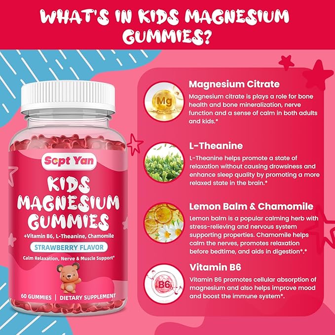 (2 Pack) Magnesium Gummies for Kids - Magnesium Citrate Supplement with Vitamin B6, L-theanine, Chamomile & Lemon Balm - Calm Magnesium for Kids & Adults Sleep, Relaxation - Strawberry,120 Gummies
