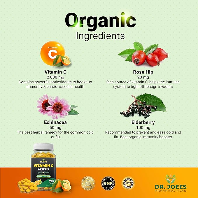 Dr. JOEL'S Immune Support Vitamin C 2000 mg - 200 Tablets - with Zinc, Elderberry, Rose Hip, Echinacea - Boosts Immune System- Made in USA