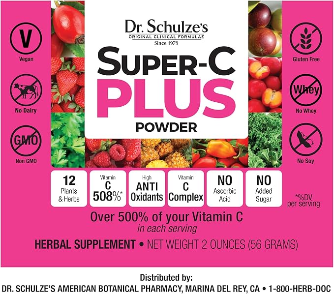 Dr. Schulze's | Super-C Plus Powder | Vitamin C Complex | Clinical Herbal Formula | Dietary Supplement | Immune Support | May Increase Collagen Formation & Iron Absorption | 2 oz Bottle
