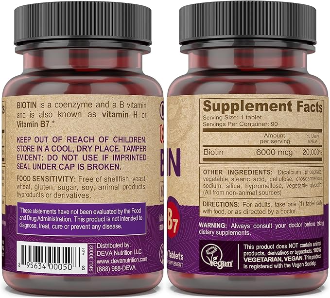 DEVA Vegan Biotin Supplement 6000 mcg – Easy-to-Swallow Vitamin B7, Tiny Tablets, 90 Count
