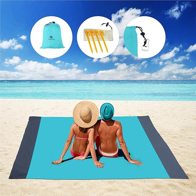 Lightweight Beach Blanket - Oversized 107" x 77" - Waterproof Sandproof - Double Anchored for Fun Leisure Beach Blanket - with Stake and Pouch - Durable Sand Beach Mat