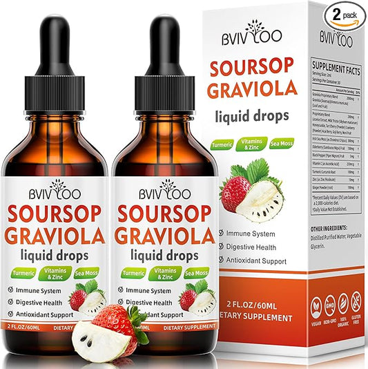 Soursop Graviola Liquid Drops for Cell Support & Regeneration, Immune Boost, Relax, Liver and Sleep, Soursop Bitters Liquid, Sugar/Gluten Free, Natural Strawberries Flavor - 4 Fl Oz (120ml) Bottle