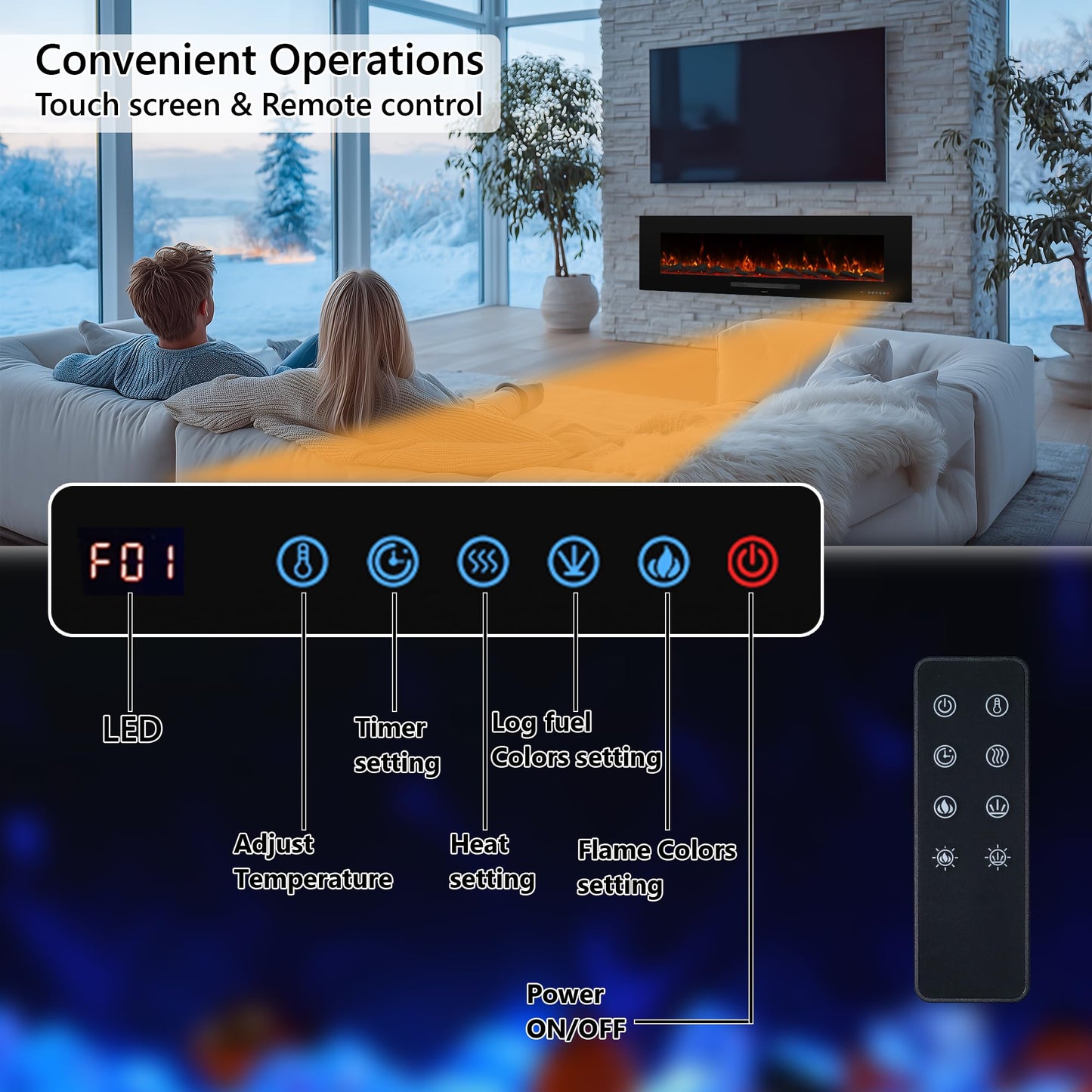 Dreamflame 72" Electric Fireplace, Recessed & Wall Mounted Fireplace Heater 13 * 13 Colors Flame &Fuel Bed w/5 Dimmer, Touchscreen &Remote Control Temp, Overheating Protect, Hardwired, 1500W, Black