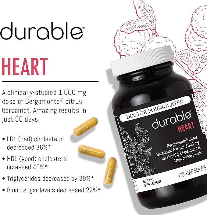 Durable Heart - Extra-Strength 1000 mg Bergamonte Citrus Bergamot + Olive Leaf Extract +Non-GMO Vitamin C – Natural Heart Health Supplement for Healthy Cholesterol Support – Made in the USA (3 Bottle)