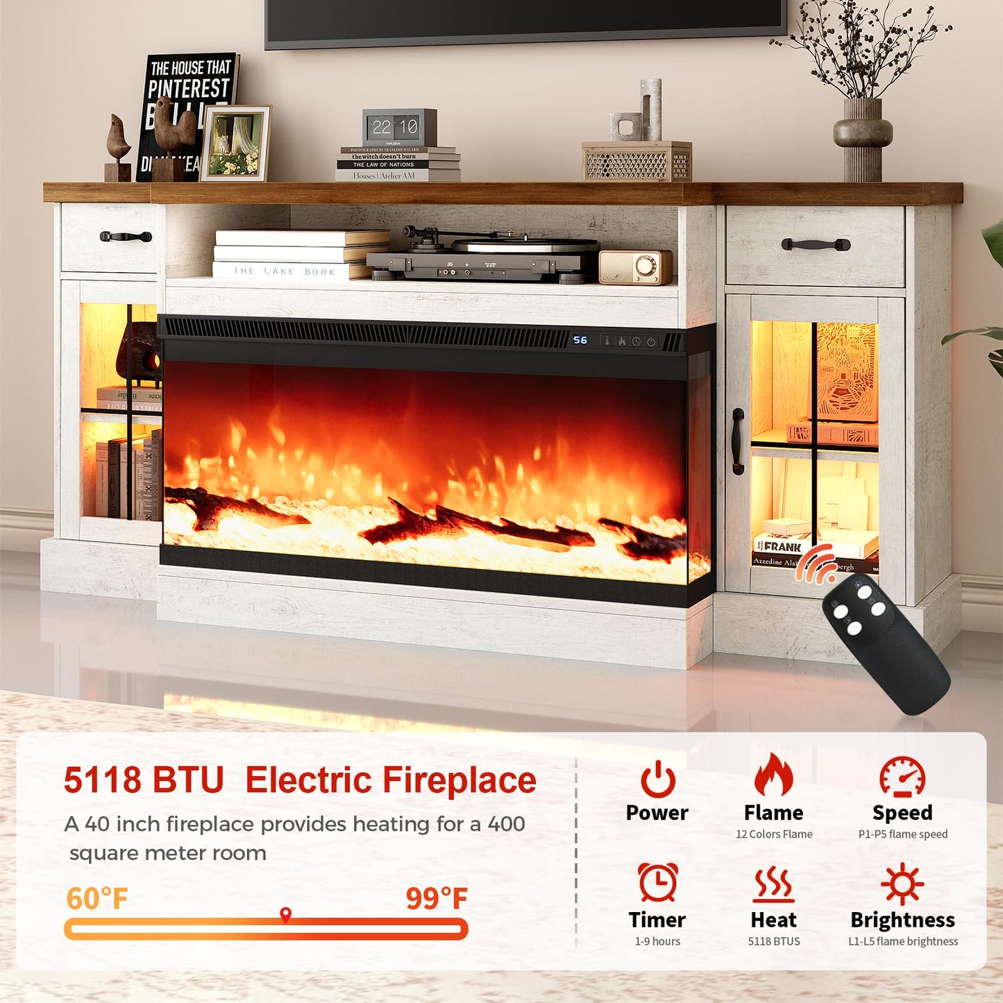 4 EVER WINNER Fireplace TV Stand with 40" Electric Fireplace for 80" TV, 70" Entertainment Center with Adjustable Storage Cabinets, 2 Drawers, TV Consoles for Living Room, White