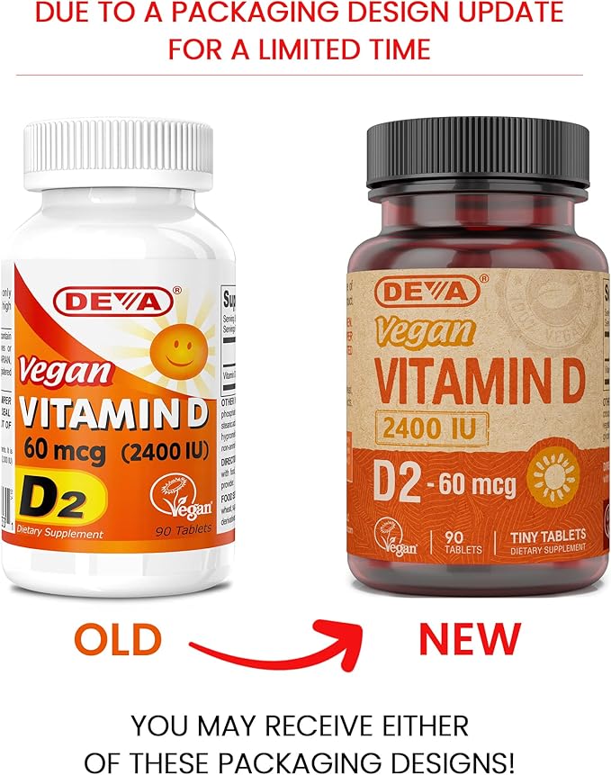DEVA Vegan Vitamin D2 60 mcg 2400 IU, Ergocalciferol Supplement with No Animal Ingredients, 90 Tablets (Pack of 2)