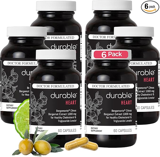 Durable Heart - Extra-Strength 1,000 mg Bergamonte Citrus Bergamot +Olive Leaf Extract +Non-GMO Vitamin C – Natural Heart Health Supplement for Healthy Cholesterol Support – Made in the USA (6 Bottle)