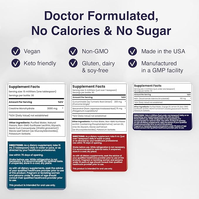 Elite Performance Bundle – High Absorption Liposomal Supplements for Energy, Recovery, and Strength - NAD+, Curcumin + Resveratrol, & Creatine (3 Pack)