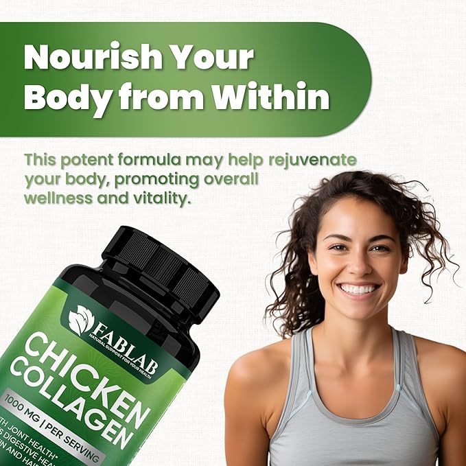 FabLab Chicken Collagen Type II Supplement - Nutritional Supplement for Joint, Nerve & Bone Support - Non-GMO, Anti-Aging Dietary Product with Hydrolyzed Peptides- 100 Capsules
