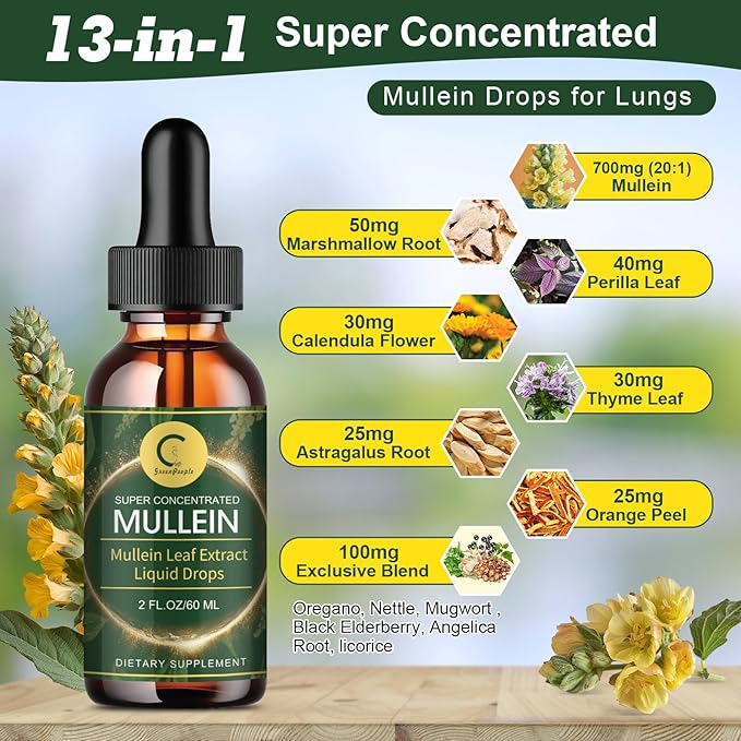 (2 Pack) Mullein Drops for Lungs - High Potency Mullein Leaf Extract for Lung Detox & Cleanse, Support for Respiratory, Immune, Digestive System, Natural Mullein Liquid Tincture, Non-GMO, 4 FL OZ