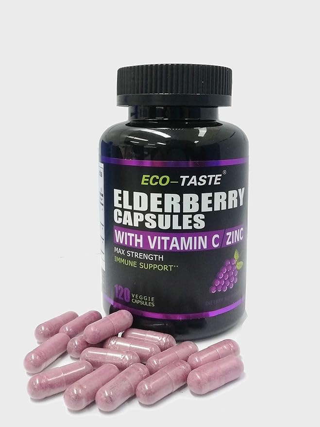 ECO-TASTE Elderberry Capsules with Zinc & Vitamin C - 120 Capsules, Sambucus Elderberries for Immune Support, Skin Health - Veggie Caps