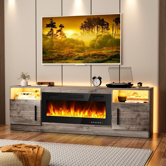 Tavata Fireplace TV Stand Entertainment Center with 36" Fireplace, 70" Wooden TV Stand for TVs Up to 80",Media TV Console with High Gloss Storage Cabinet and 16 Colors LED Lights (Gray)