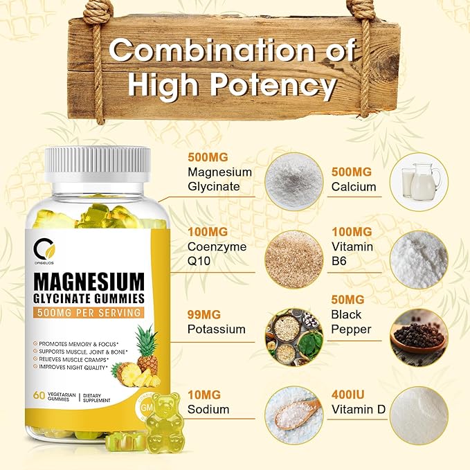 (1 Pack) Magnesium Glycinate Gummies, High-Absorption Magnesium Supplement with Calcium & Vitamins, Support Bone, Muscle, Night, Memory & Mood, Vegan, Non-GMO, 60 Counts, Pineapple Flavor