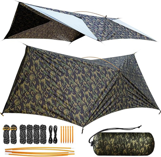 Camping Tent Tarp Waterproof, Ultralight Hammock Rain Fly, Portable Rain Tarp Canopy with Doors, Multifunctional Bushcraft Tarp for Outdoor Backpacking Hiking, UV Protection