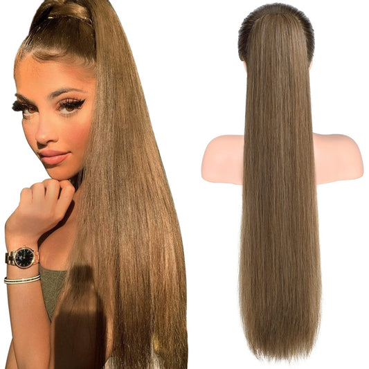 SEIKEA 28" Ponytail Extensions Drawstring Long Straight Fake Pony Tail Natural Soft Clip in Hair Extension Synthetic Heat Resistant Hairpiece - Ash Blonde with Golden Blonde