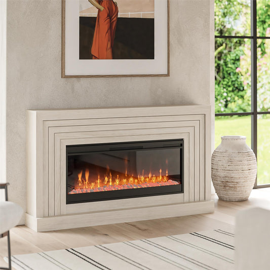 Novogratz Monroe Wide Mantel Stone and Crystal Electric Fireplace, White Oak