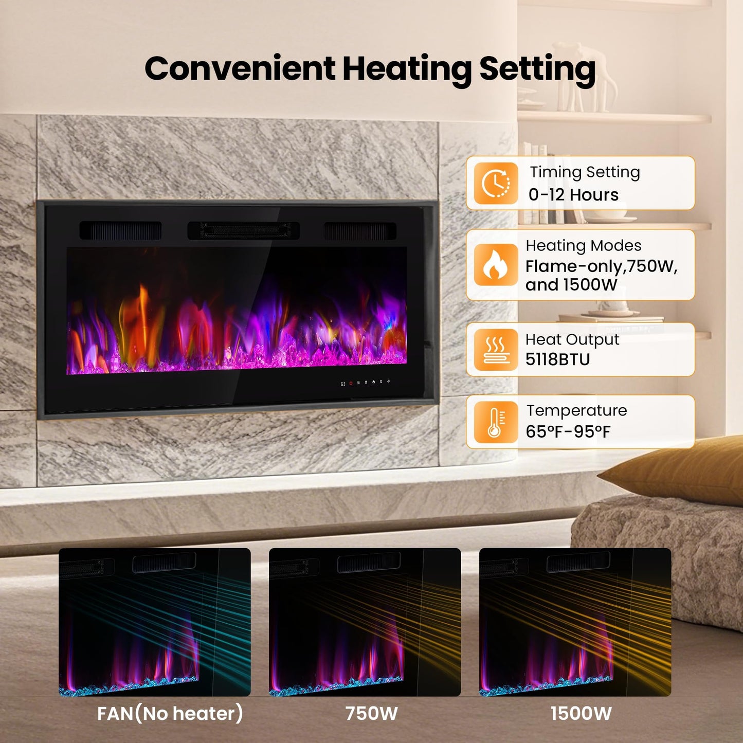 Electric Fireplace Wall Mounted 50 Inch Realsmart 750/1500W Insert Fireplaces Recessed Heaters Slim Black Fireplace Remote Control Touch Screen Timer 10 Flame Colors LED Decor Low Noise