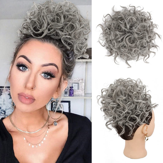 Lommel Messy Hair Bun Hair Piece,Drawstring Loose Curly Hair Buns Scrunchies Natural Soft Clip in Hair Extensions Ponytail Thick Updo Fake Hairpiece Bun for Women Daily Use(Grey)
