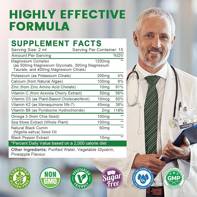 (2 Pack) Potassium Magnesium Supplement for Immune Health & Muscle Support, High Absorption, Triple Magnesium Complex with Glycinate, Taurate, Citrate and Potassium, Pineapple Flavour, 1 Fl Oz