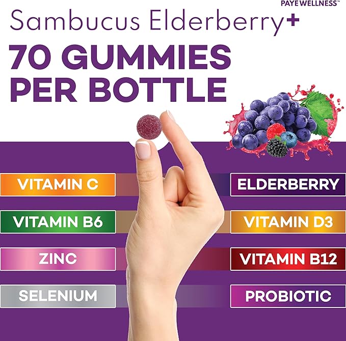 Elderberry Gummies Immune Support, Daily Support for Kids and Adults*, with Sambucus Elderberry, Zinc, Vitamin C, D3, B6, B12, Plus - Dietary Supplement - 70 Count