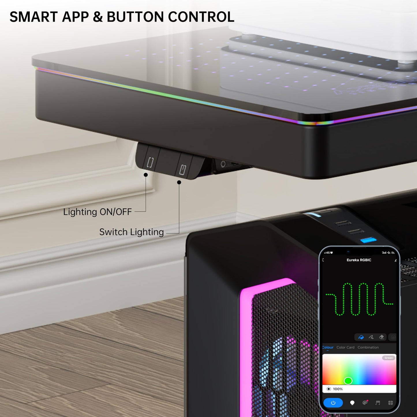 EUREKA ERGONOMIC Height Adjustable Computer Tower Stand, Illuminated Glass Panel PC Stand w/RGB Lights, 2-Tier CPU Holder Cart Under Desk, PC Floor Stand for Office Gaming, APP Control