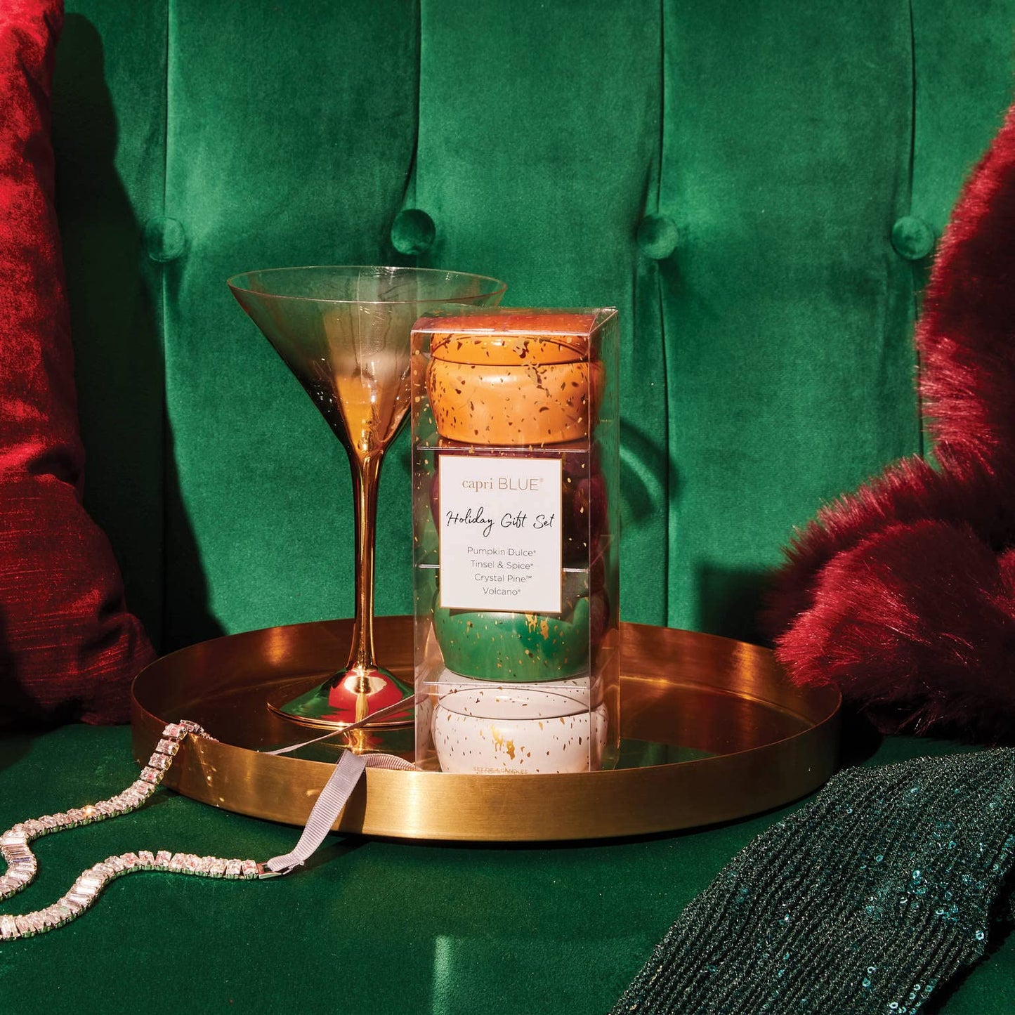 Capri Blue Glimmer Candle Holiday Gift Set - Volcano, Crystal Pine, Pumpkin Dulce, Tinsel & Spice - Luxury Aromatherapy Candles - 3 Oz Each