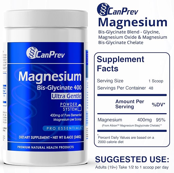 CanPrev Magnesium Bisglycinate 400 Ultra Gentle Powder 240g 48 Servings, 400mg Elemental Magnesium Per Scoop, Supports Restful Nights, Muscle Function, Gentle on Digestion, Vegan, Non-GMO, Gluten-Free