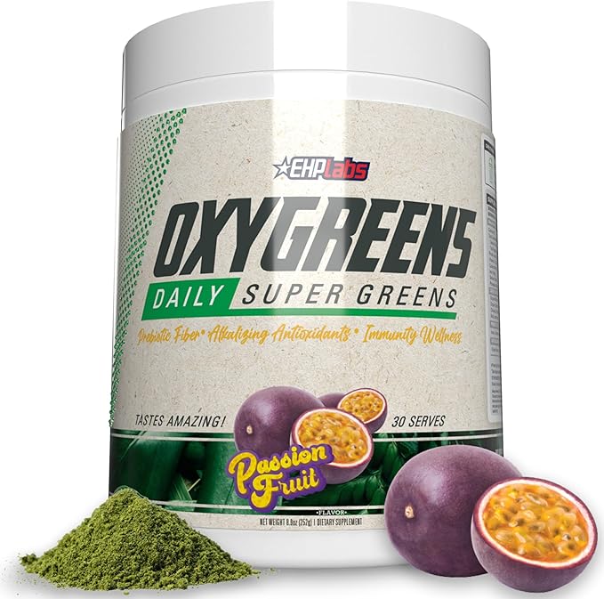 EHP Labs OxyGreens Super Greens Powder - Spirulina & Chlorella Superfood, Green Juice Powder & Greens Supplements with Prebiotic Fibre, Antioxidants & Immunity Support, 30 Serves (Passionfruit)