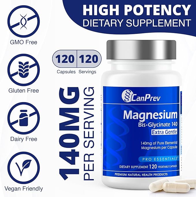 CanPrev Magnesium BisGlycinate Extra Gentle 140mg, 120 v-Caps 120-Day Supply - Pure Elemental Magnesium Supplement, Support Bone & Muscle Function, Gentle on Stomach, Perfect for Daily Magnesium Needs