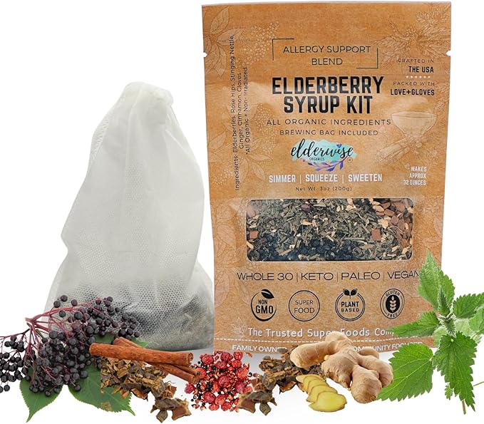 Elderberry Syrup Kit - Allergy Support - Makes Approx. 32oz - Comes with Brewing Bag - Organic Ingredients - Elderberries - Rosehips - Ginger - Nettle - Cinnamon - Cloves - Elderwise