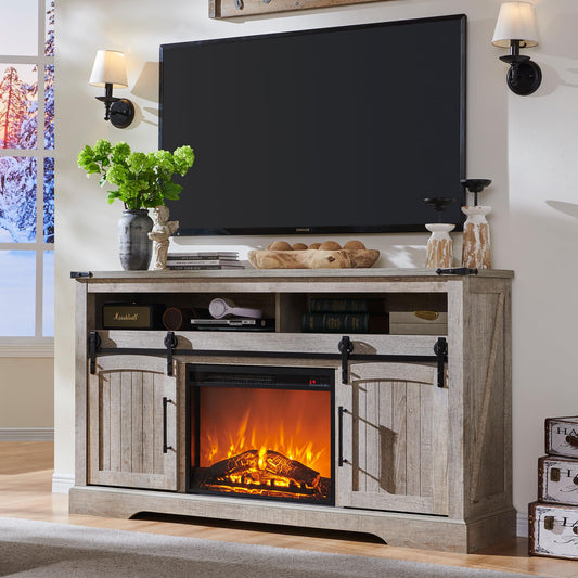 OKD Farmhouse Fireplace TV Stand for 70+ Inch TV, 33" Tall Highboy Entertainment Center w/Electric Fireplace, Rustic Media Console w/Sliding Arched Door for Living Room,Light Rustic Oak