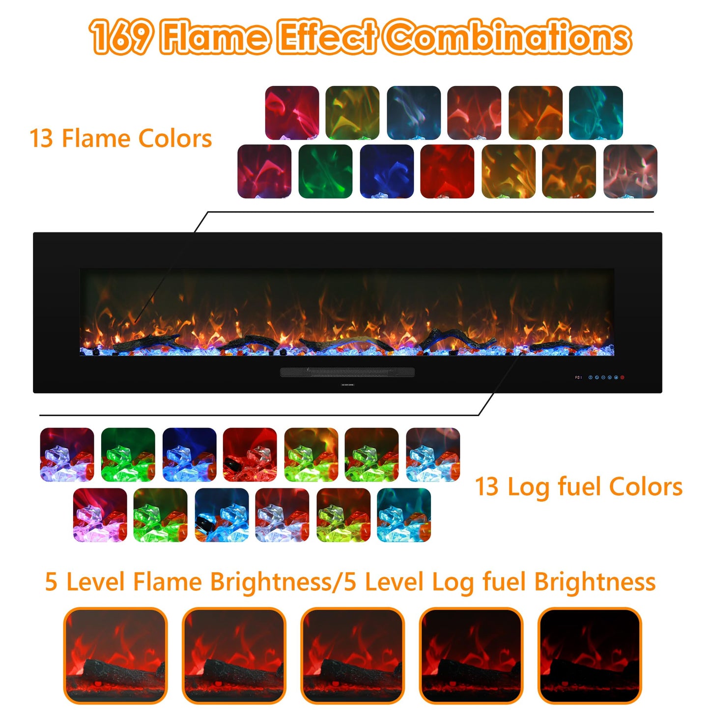 Dreamflame 72" Electric Fireplace, Recessed & Wall Mounted Fireplace Heater 13 * 13 Colors Flame &Fuel Bed w/5 Dimmer, Touchscreen &Remote Control Temp, Overheating Protect, Hardwired, 1500W, Black