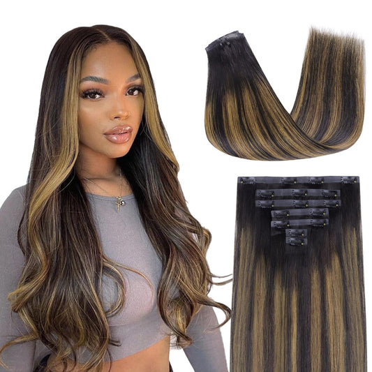 Lashey Seamless Hair Extensions Clip ins Staright 110g Natural Black Mixed Chestnut Brown 14 Inch 7pcs PU Weft Clip in Hair Extensions Real Human Hair with Invisi Edge for Black Women