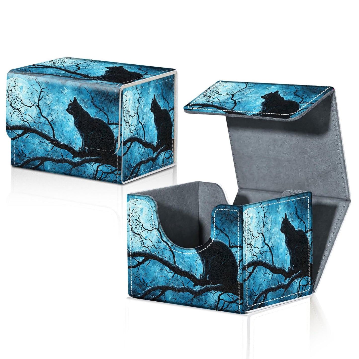 CAPAUNVDA Card Deck Box for MTG Trading Cards with Magnetic Closure,Premium Card Storage Box Case Cover for TCG CCG Magic Cards,Black Cat on Tree