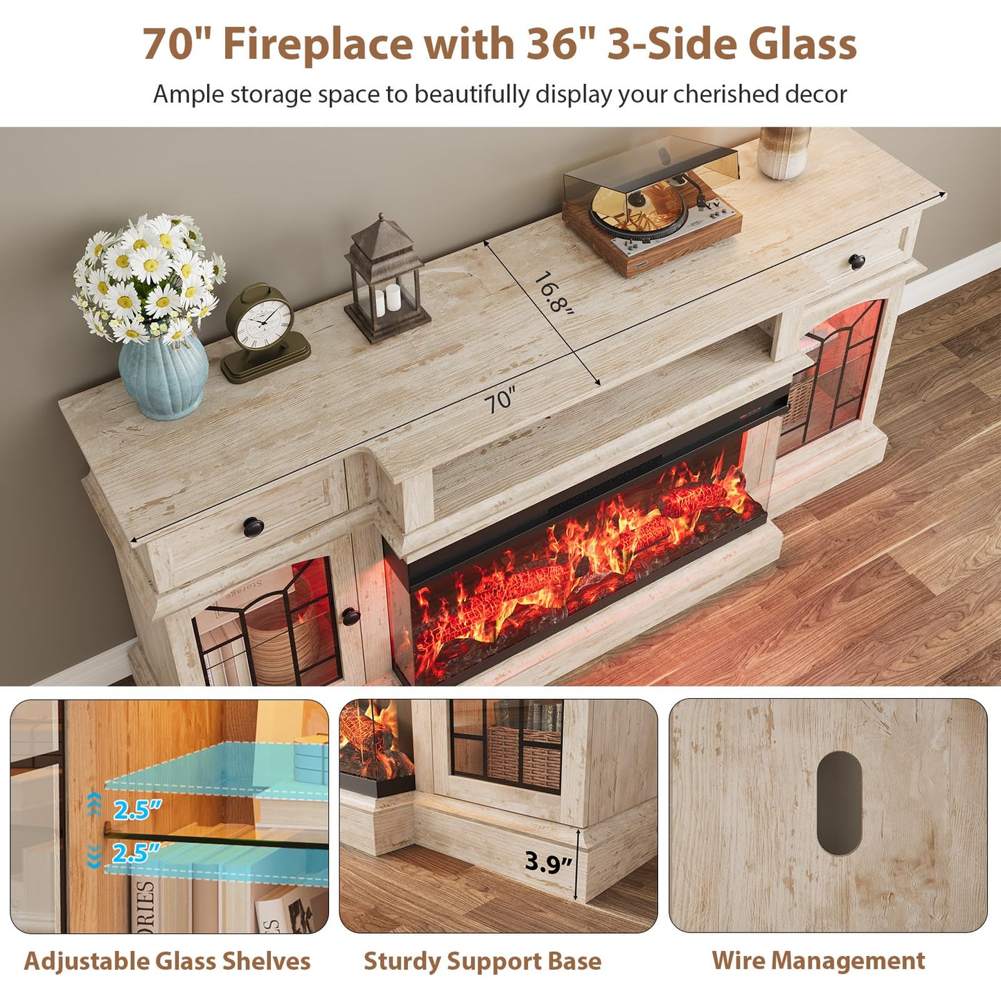 QUW 70" Farmhouse Fireplace TV Stand for TVs up to 80", Entertainment Center with 36" 3-Side Glass Electric Fireplace with Open Shelf and Cabinet, TV Console for Living Room, Antique Brush Grey