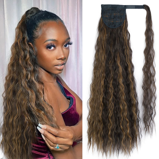Stamped Glorious Long Corn Wave Ponytail Extension Magic Paste Heat Resistant Wavy Synthetic Wrap Around Ponytail Black Hairpiece for Women (26 Inch, 26 Inch-Highlight)