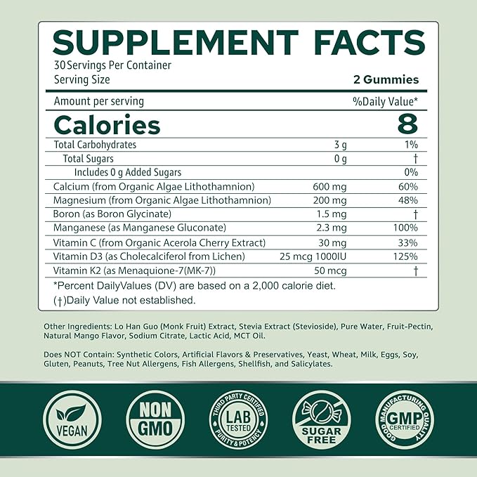 (2 Pack) Calcium Gummies for Women, Sugar Free Calcium Supplement from Sustainable Algae (3rd Party Tested) with Vitamin D3 K2, C, Zinc, Boron, Manganese for Bone Strength, Calcium Absoption, Vegan