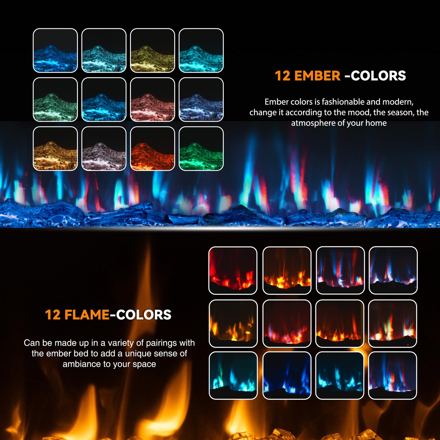 Manastin 50 inch Electric Fireplace in-Wall Recessed and Wall Mounted with Remote Control, 1500/750W Fireplace Heater (60-99°F Thermostat) with 12 Adjustable Color, Timer, Log and Crystal