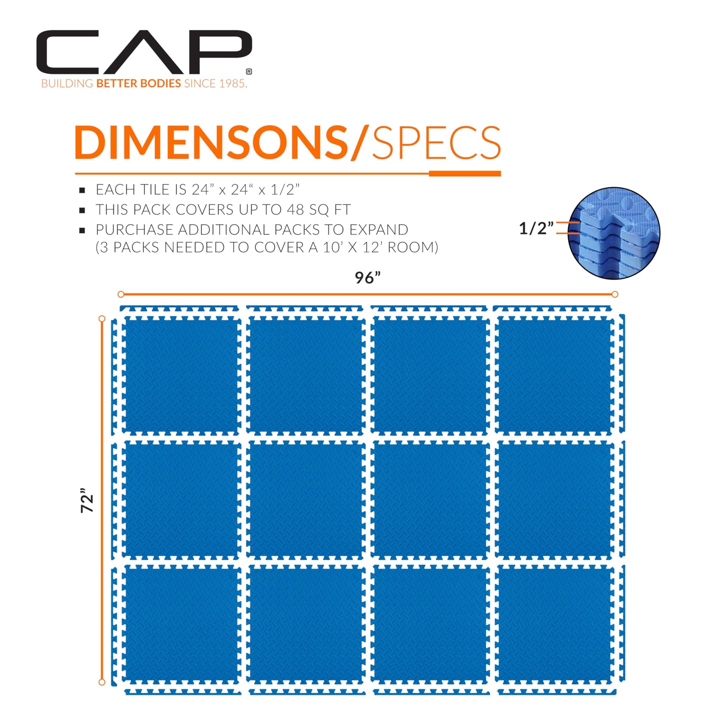 CAP Barbell 1/2-Inch Interlocking EVA Foam Exercise Puzzle Mats - 2 Pack | 24" x 24" x 1/2" | Diamond Pattern - Blue
