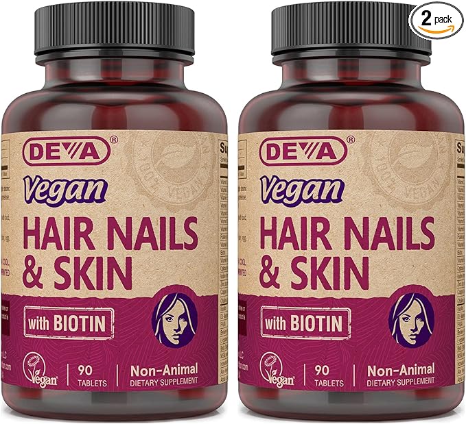 DEVA Vegan Vitamins Hair, Nails & Skin Supplement with 500 mcg of Biotin Per Tablet 90 Tablets (Pack of 2)