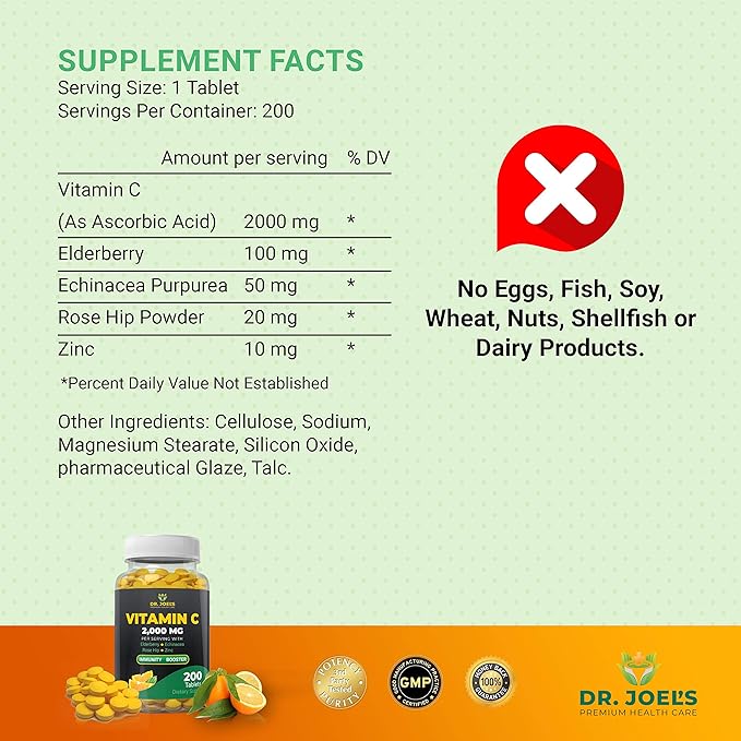Dr. JOEL'S Immune Support Vitamin C 2000 mg - 200 Tablets - with Zinc, Elderberry, Rose Hip, Echinacea - Boosts Immune System- Made in USA