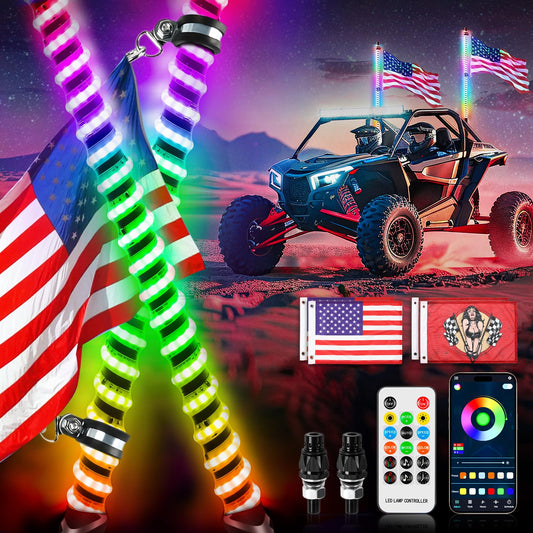 DREAMOTOR Whip Lights, 2Pcs 3FT Spiral RGB LED Whip Lights for Side by Side with Wireless Remote and APP Control, RGB Chasing Lighted Antenna Whips for UTV ATV Truck Polaris Dune Buggy RZR Can-Am