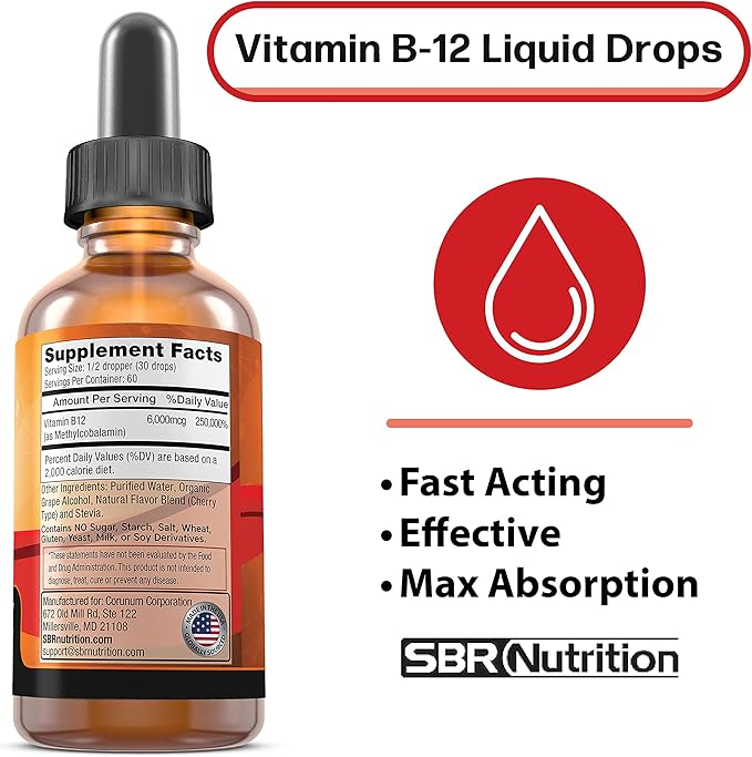 Extra Strength 6000mcg Vitamin B12 Sublingual Liquid Drops - Methylcobalamin, VIT B 12 Supports Energy, Max Absorption, 60 Servings, Non-GMO, Vegan Friendly, Manufactured in The USA