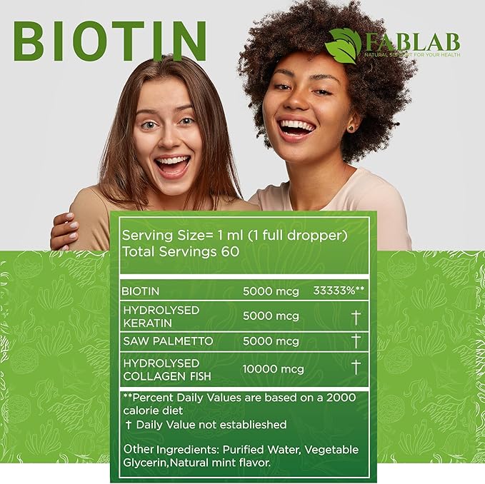 FabLab Biotin with Collagen, Keratin and Saw Palmett 25000msg Extract - Healthy Hair Skin & Nails for Adults, No Filler, No Stearate-Anti Aging Collagen Vitamins for Men & Women- 2 Fl Oz